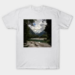 River with a View on a Mountain Framed by Trees T-Shirt
